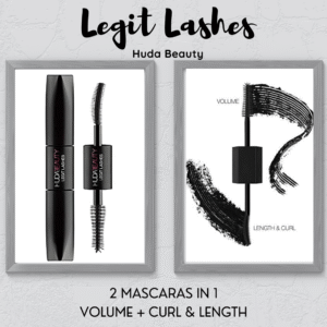 "Huda Beauty Legit Lashes Mascara 2-in-1 in Extreme Black - Dual-ended volumizing and lengthening mascara for bold, dramatic lashes."