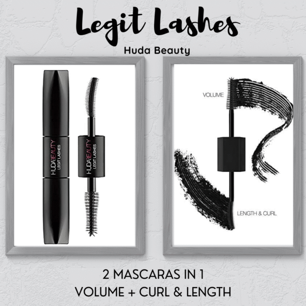 "Huda Beauty Legit Lashes Mascara 2-in-1 in Extreme Black - Dual-ended volumizing and lengthening mascara for bold, dramatic lashes."